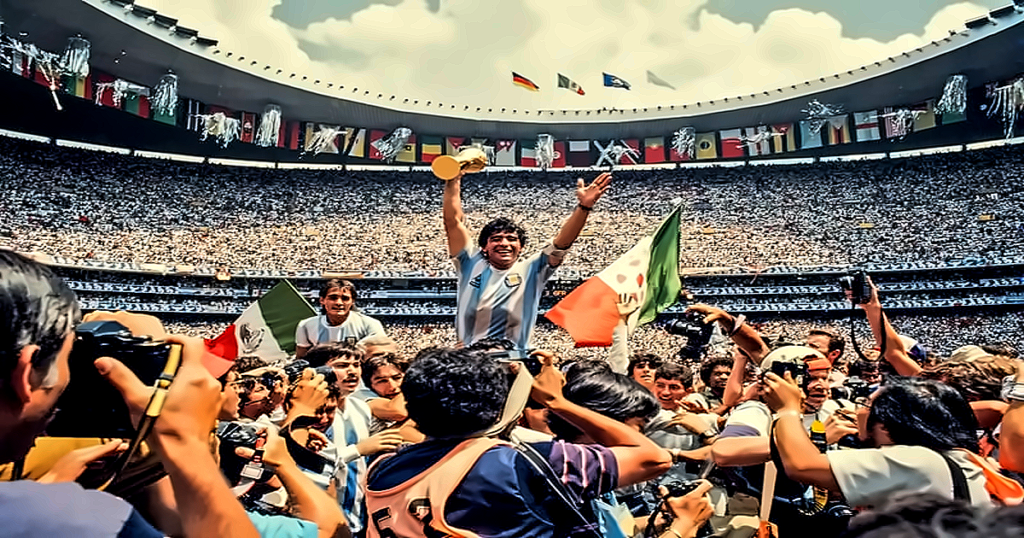 Diego Maradona celebrando en el Estadio Azteca durante el Mundial 1986