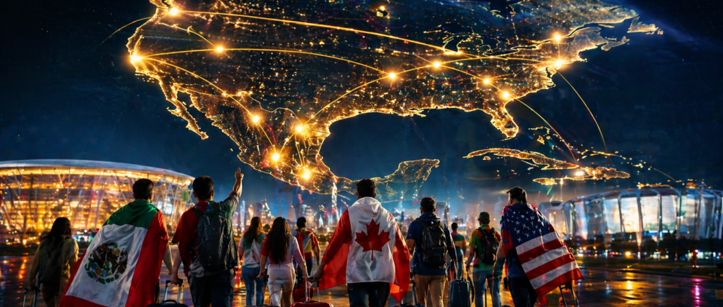 ciudades sede del mundial 2026 conectadas en mapa de norteamerica con aficionados viajando