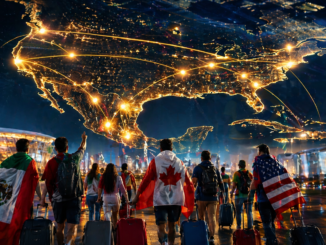 ciudades sede del mundial 2026 conectadas en mapa de norteamerica con aficionados viajando