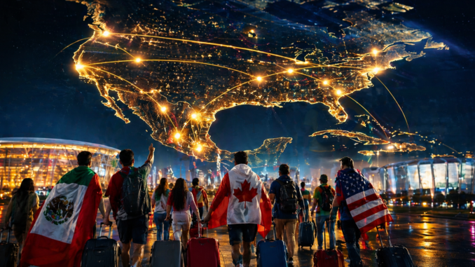 ciudades sede del mundial 2026 conectadas en mapa de norteamerica con aficionados viajando