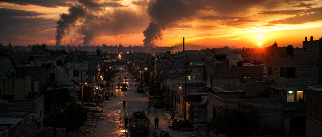 Ciudad en Medio Oriente al atardecer con humo y presencia militar en medio de una semana de alta tensión