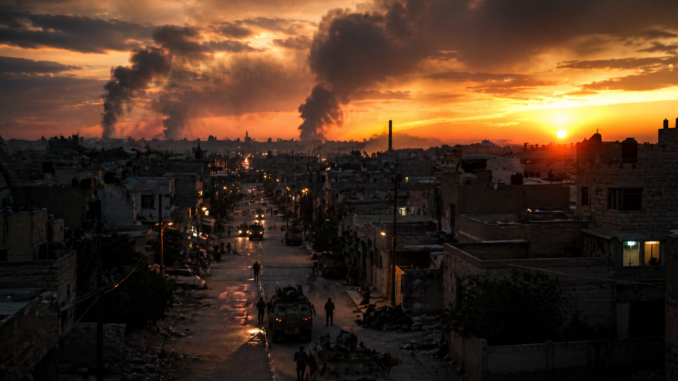 Ciudad en Medio Oriente al atardecer con humo y presencia militar en medio de una semana de alta tensión