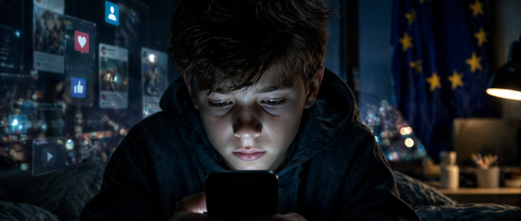 menor usando smartphone de noche bajo control digital en Europa por regulación de redes sociales
