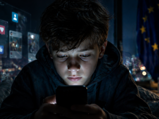 menor usando smartphone de noche bajo control digital en Europa por regulación de redes sociales