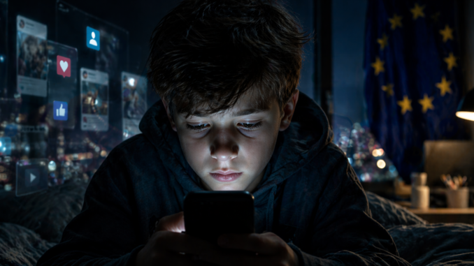 menor usando smartphone de noche bajo control digital en Europa por regulación de redes sociales