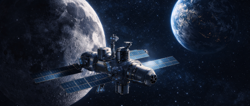 Estación Gateway orbitando la Luna con la Tierra al fondo en el programa Artemis