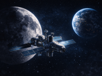 Estación Gateway orbitando la Luna con la Tierra al fondo en el programa Artemis