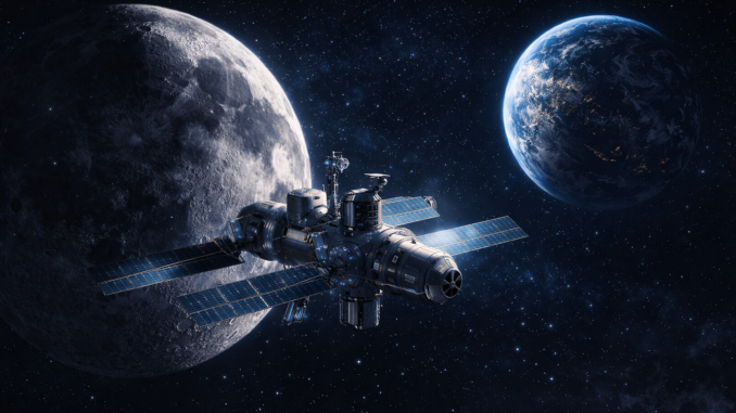 Estación Gateway orbitando la Luna con la Tierra al fondo en el programa Artemis