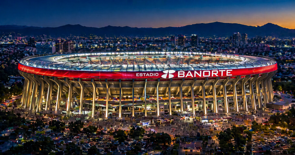 Estadio Azteca tecnología 2026 con iluminación LED y estadio moderno en Ciudad de México