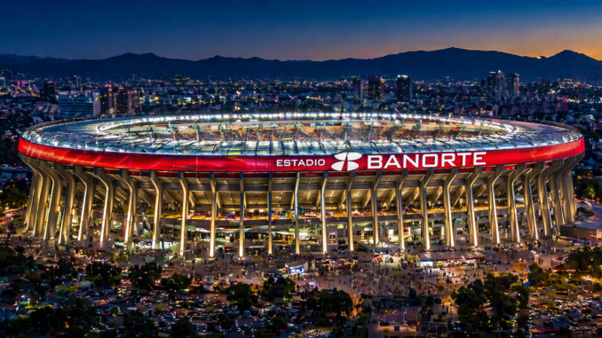 Estadio Azteca tecnología 2026 con iluminación LED y estadio moderno en Ciudad de México