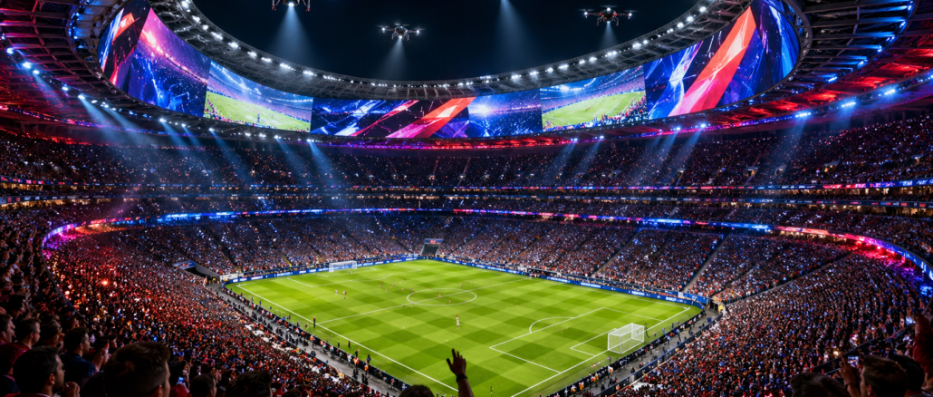 estadios inteligentes en el Mundial 2026 con tecnologia avanzada y drones en estadio lleno