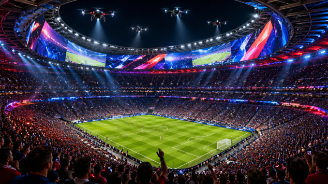estadios inteligentes en el Mundial 2026 con tecnologia avanzada y drones en estadio lleno