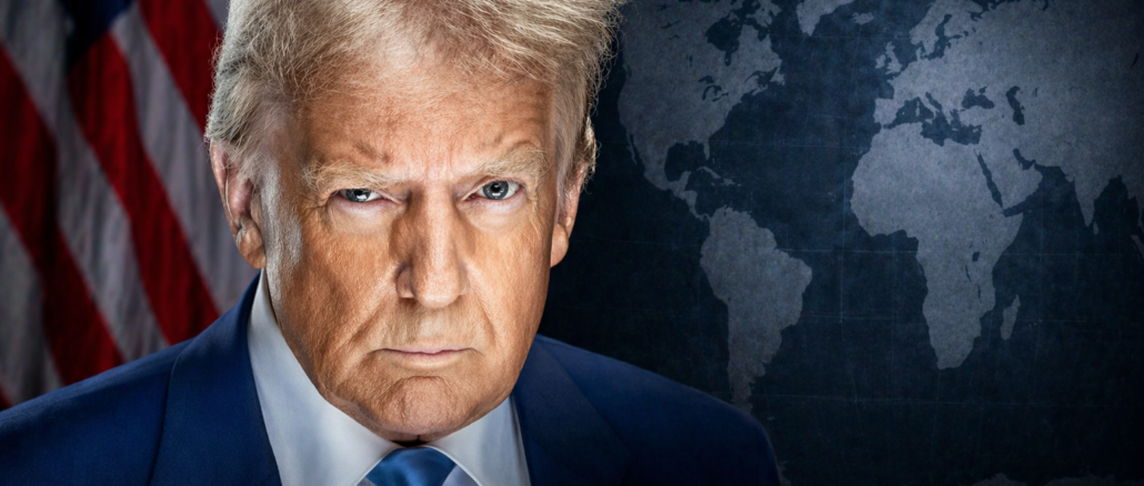 estrategia de Trump en contexto geopolítico con mapa mundial y bandera de Estados Unidos