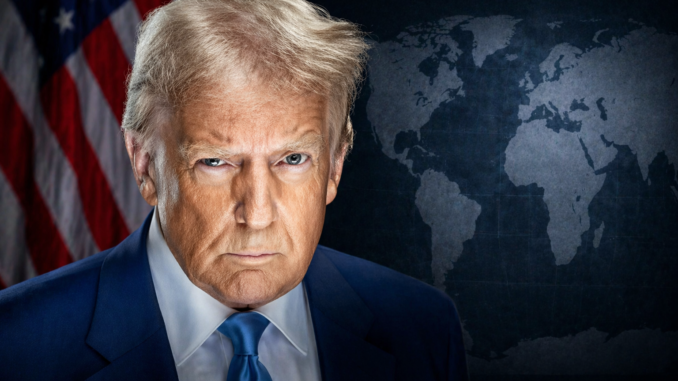 estrategia de Trump en contexto geopolítico con mapa mundial y bandera de Estados Unidos