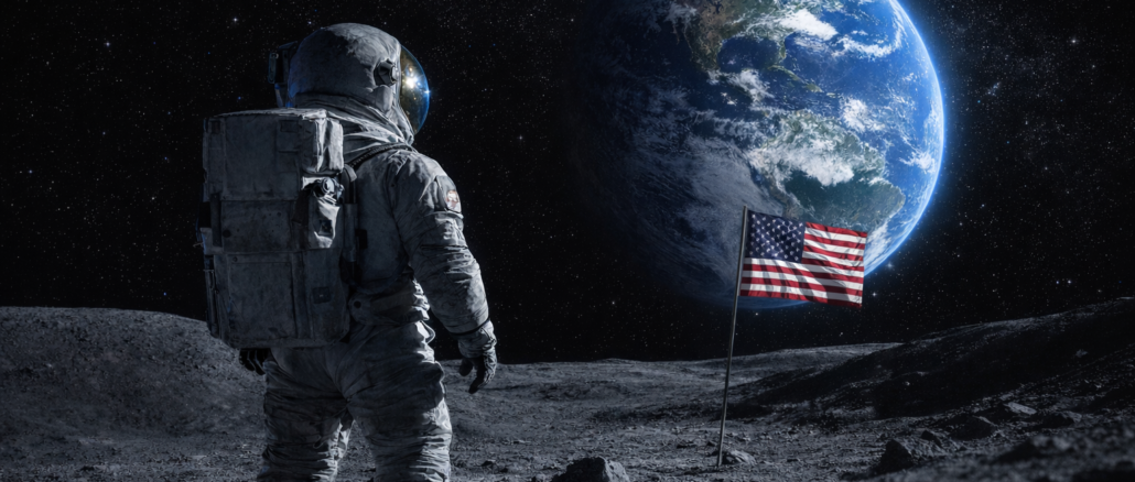 exploración espacial beneficios astronauta en la luna con bandera de estados unidos viendo la tierra