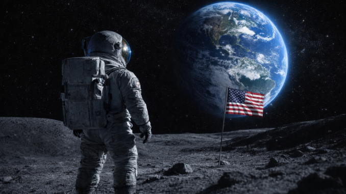 exploración espacial beneficios astronauta en la luna con bandera de estados unidos viendo la tierra