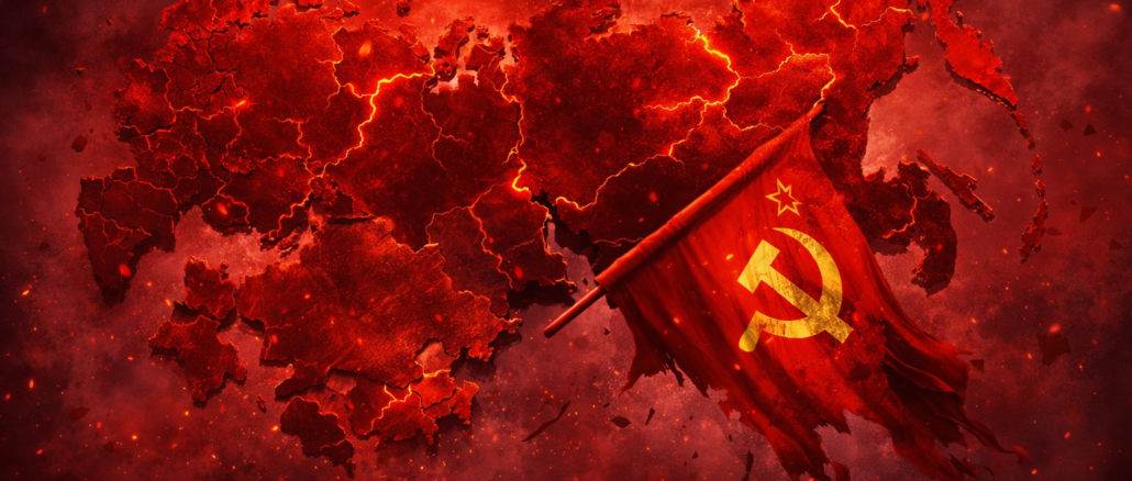 Fin de la URSS con mapa fragmentado y bandera soviética cayendo en el nuevo orden mundial