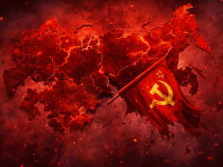 Fin de la URSS con mapa fragmentado y bandera soviética cayendo en el nuevo orden mundial