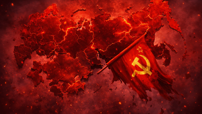 Fin de la URSS con mapa fragmentado y bandera soviética cayendo en el nuevo orden mundial