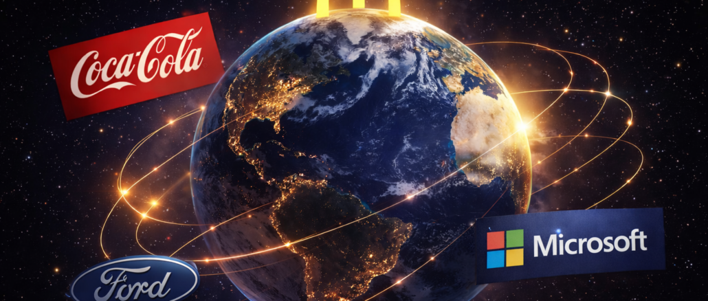 globalización en los 90 con marcas globales como McDonalds Coca Cola Microsoft y Ford expandiéndose en el mundo