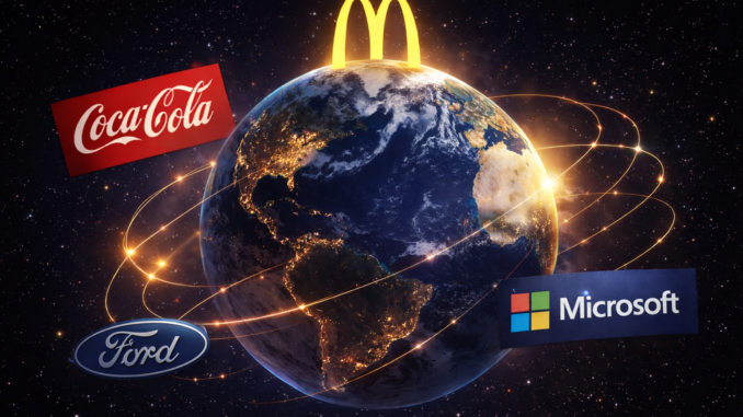 globalización en los 90 con marcas globales como McDonalds Coca Cola Microsoft y Ford expandiéndose en el mundo