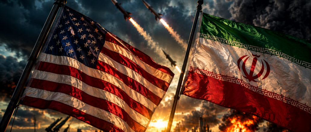 Guerra con Irán no fue sorpresa representada con banderas de Estados Unidos e Irán y misiles en Medio Oriente