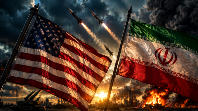 Guerra con Irán no fue sorpresa representada con banderas de Estados Unidos e Irán y misiles en Medio Oriente