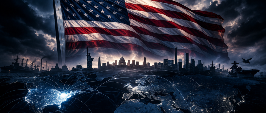 Estados Unidos en los 90 con bandera dominante sobre mapa mundial reflejando hegemonía global