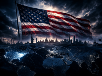 Estados Unidos en los 90 con bandera dominante sobre mapa mundial reflejando hegemonía global