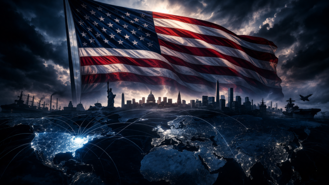 Estados Unidos en los 90 con bandera dominante sobre mapa mundial reflejando hegemonía global