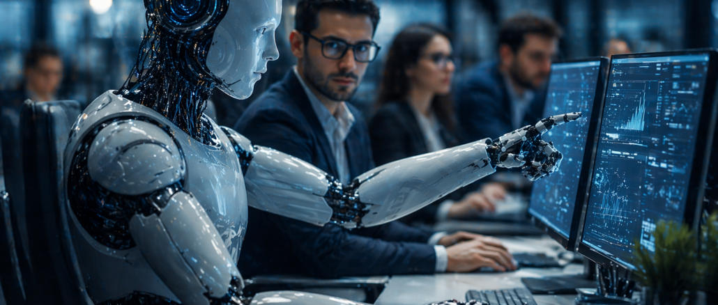 IA empleo futuro robot trabajando con humanos oficina automatización trabajo