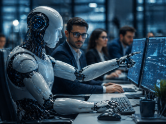 IA empleo futuro robot trabajando con humanos oficina automatización trabajo
