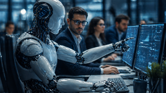 IA empleo futuro robot trabajando con humanos oficina automatización trabajo