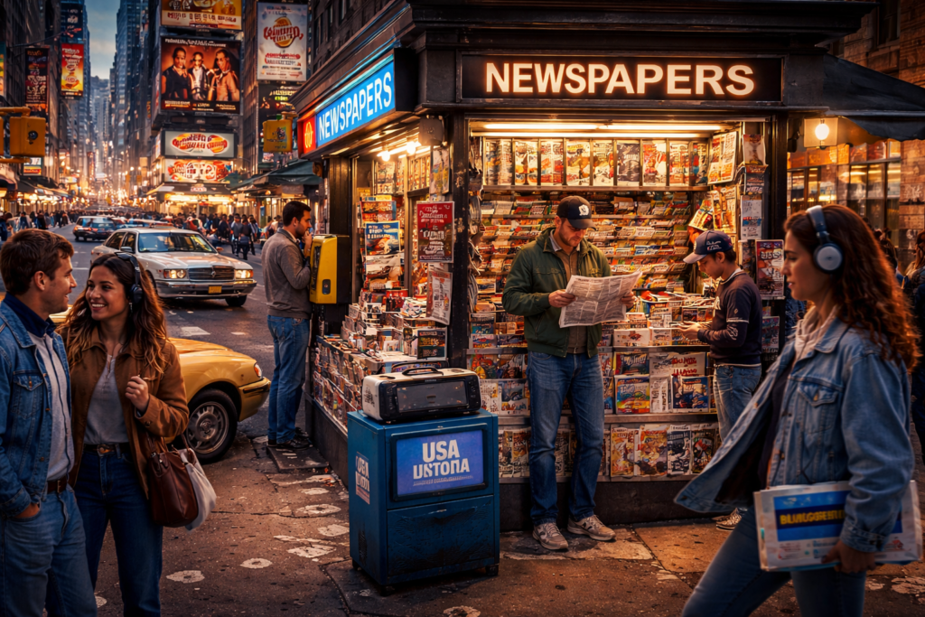 escena cotidiana de los años 90 con quiosco de periódicos y consumo de información antes de Internet