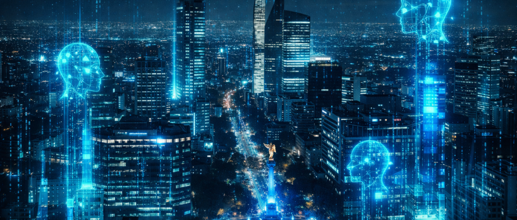inteligencia artificial en mexico representada con datos digitales sobre ciudad de mexico