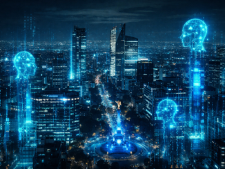 inteligencia artificial en mexico representada con datos digitales sobre ciudad de mexico