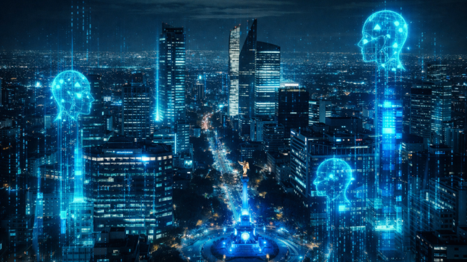 inteligencia artificial en mexico representada con datos digitales sobre ciudad de mexico