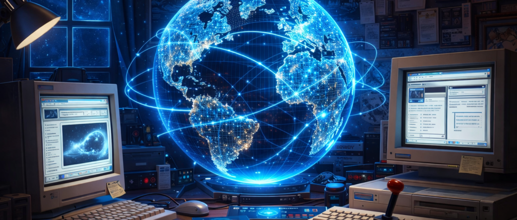 Internet en los 90 con computadoras antiguas y red global digital representando el origen del mundo digital