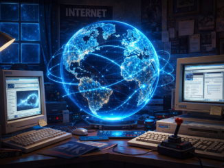 Internet en los 90 con computadoras antiguas y red global digital representando el origen del mundo digital