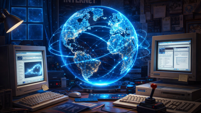 Internet en los 90 con computadoras antiguas y red global digital representando el origen del mundo digital