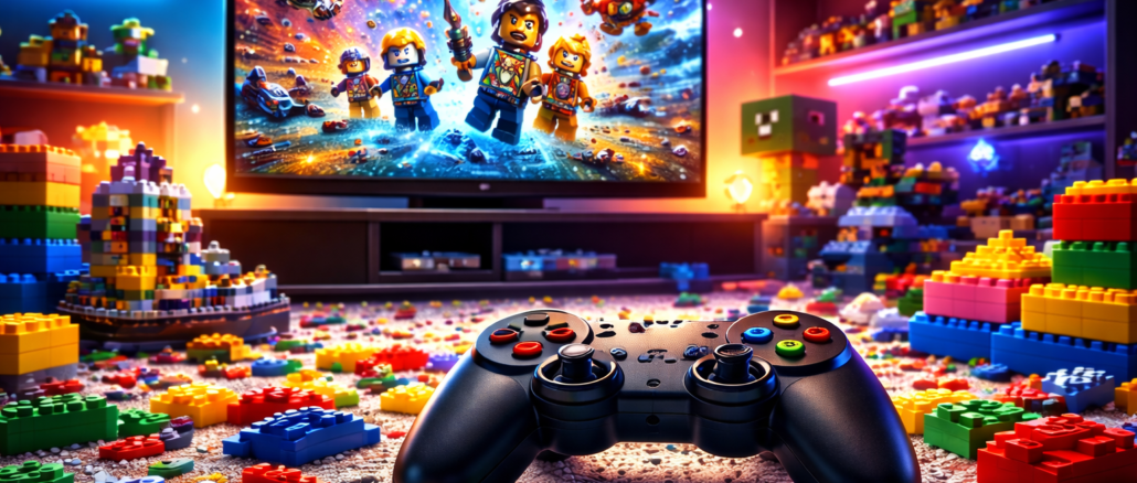 Control de videojuegos sobre piso con bloques LEGO representando la integración de LEGO en el mundo del gaming