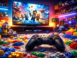 Control de videojuegos sobre piso con bloques LEGO representando la integración de LEGO en el mundo del gaming