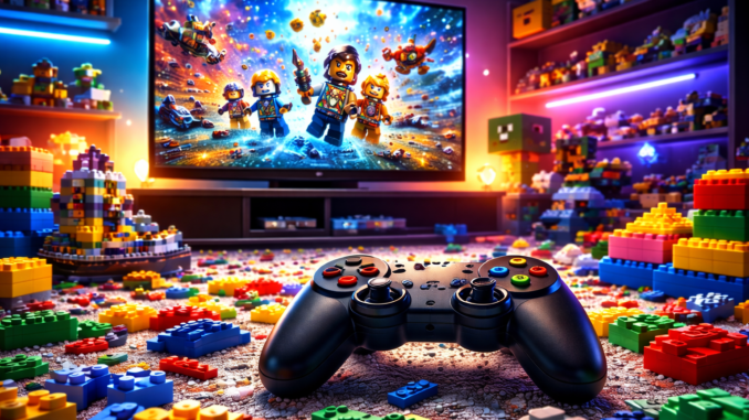Control de videojuegos sobre piso con bloques LEGO representando la integración de LEGO en el mundo del gaming