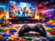 Control de videojuegos sobre piso con bloques LEGO representando la integración de LEGO en el mundo del gaming