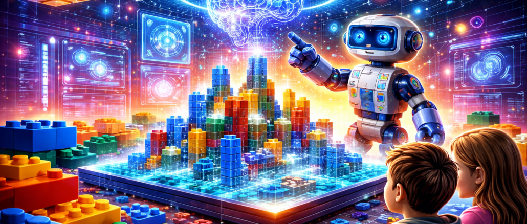 Robot LEGO con inteligencia artificial interactuando con una ciudad digital construida con bloques