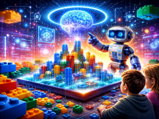 Robot LEGO con inteligencia artificial interactuando con una ciudad digital construida con bloques
