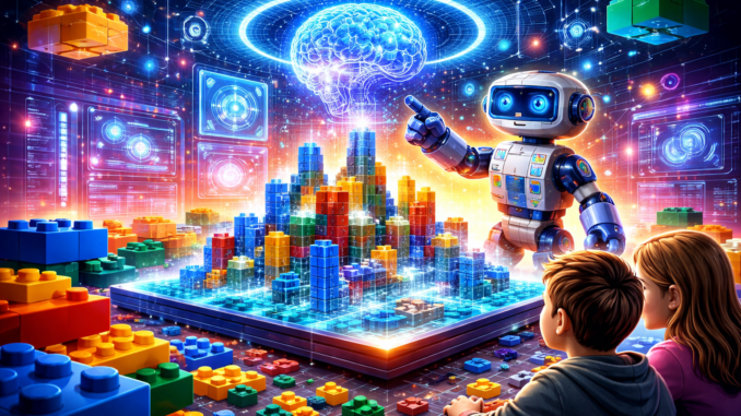 Robot LEGO con inteligencia artificial interactuando con una ciudad digital construida con bloques