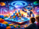 Robot LEGO con inteligencia artificial interactuando con una ciudad digital construida con bloques