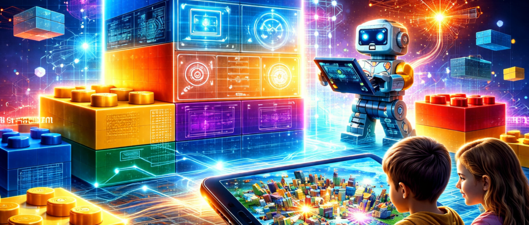 Bloques LEGO digitales con interfaces tecnológicas representando la transformación digital de la marca LEGO
