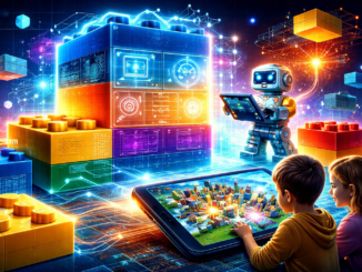 Bloques LEGO digitales con interfaces tecnológicas representando la transformación digital de la marca LEGO